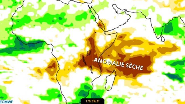 Persistance d'une anomalie sèche marquée sur le Sud-ouest océan indien