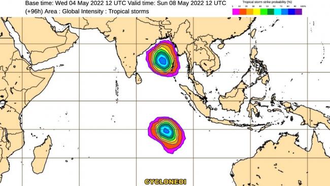 Double cyclogenèse attendue sur les deux hémisphères de l'océan indien