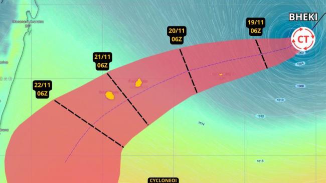 Cyclone BHEKI : une trajectoire qui se décale vers le Sud